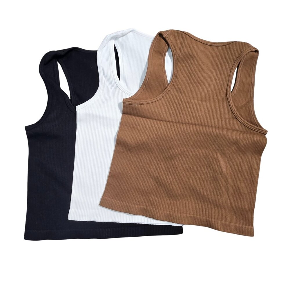 NWOT | 3-Pack Ribbed Racerback Crop Tank Tops | Neutral Tones | Small - Picture 3 of 5